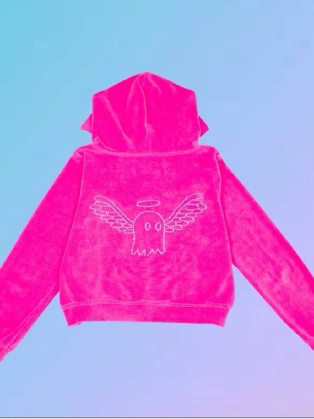 LONELY GHOST Hot Pink Velour Hoodie with Angel Ghost Back Graphic